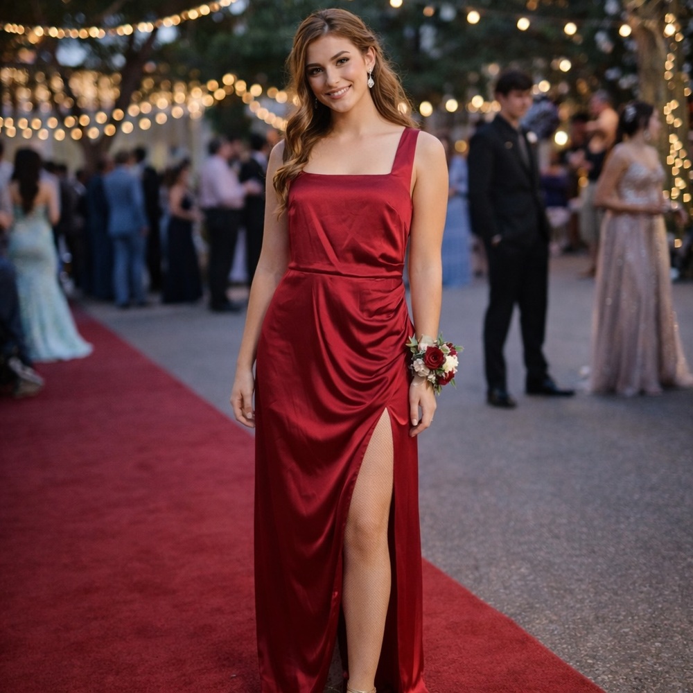 Altar'd State Scarlet Red Square Neck Side Ruching & Slit Gown L